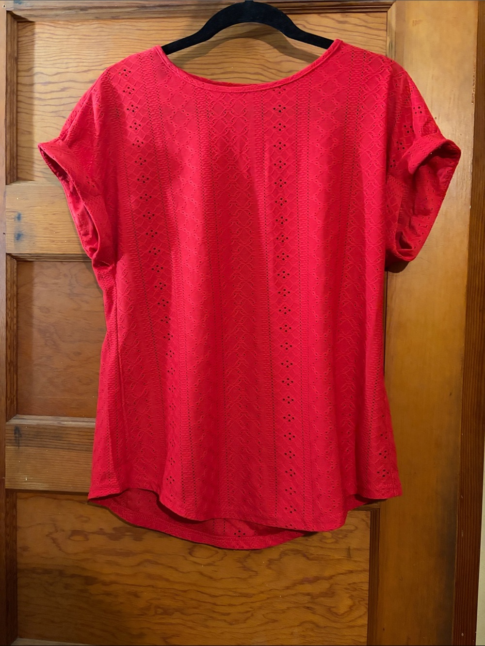 Red Eyelet Short-Sleeve Scoop-Neck Top